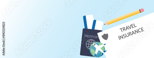 Travel insurance banner or background vector illustration. Concept of insurance business, risk management, emergency planning, medicals support, protection and abroad trip assurance.