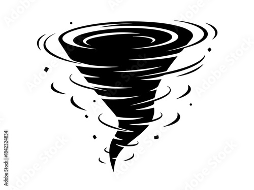 A stylized black and white illustration of a powerful tornado with swirling debris.
