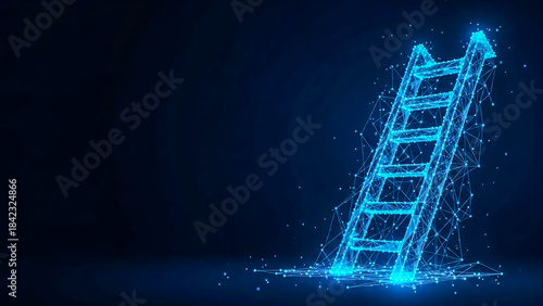 A digital representation of a ladder constructed from a blue polygonal network, symbolizing growth, progress, and connectivity. The futuristic design with glowing particles evokes themes of