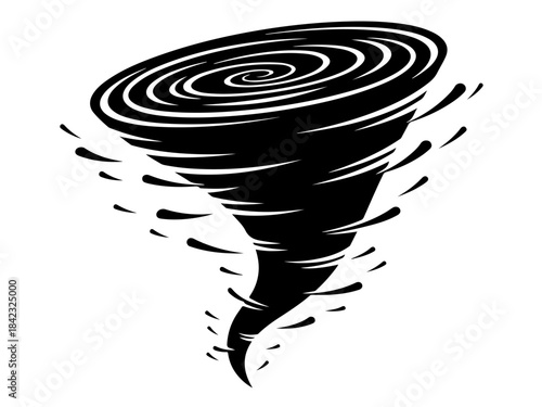 A black and white illustration of a powerful tornado with debris swirling around it.