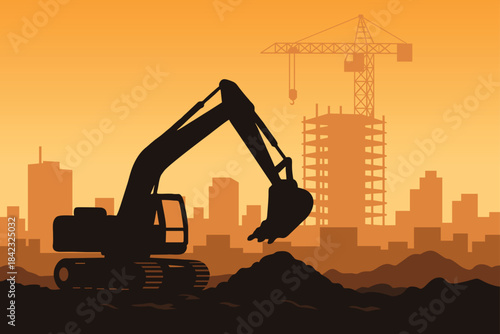 Heavy excavator and construction crane working on new building at dusk