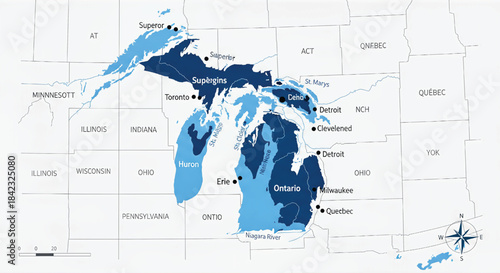 Illustrative map showcasing the North American Great Lakes system, surrounding states, provinces, and major urban centers.