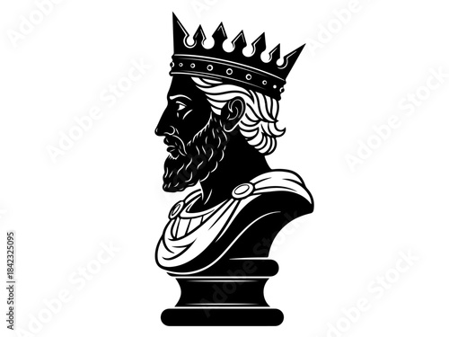 A black and white illustration of a king's bust wearing a crown and draped in a toga.
