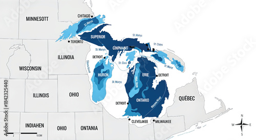Geographic map illustrating the Great Lakes of North America with varying depths and adjacent states and Canadian provinces.