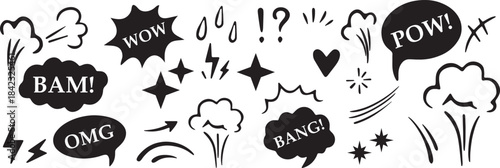 Comic boom cartoon effect line element set. Comic speech bubble pow, boom text, explosive splash smoke, wow cartoon vector icon. Hand drawn sketch doodle explosive element. Vector illustration.