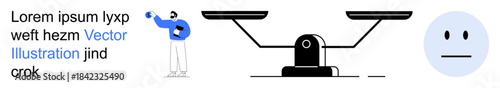 Decision-making, fairness, legal concepts, professional presentations, emotional neutrality, logical thinking. A balance scale, neutral face and a person speaking. Fairness and decision-making