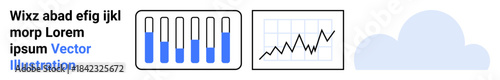 Bar chart with blue progress, line graph with fluctuating data, and cloud element. Ideal for analytics, cloud computing, data visualization, business, statistics, technology simple landing page