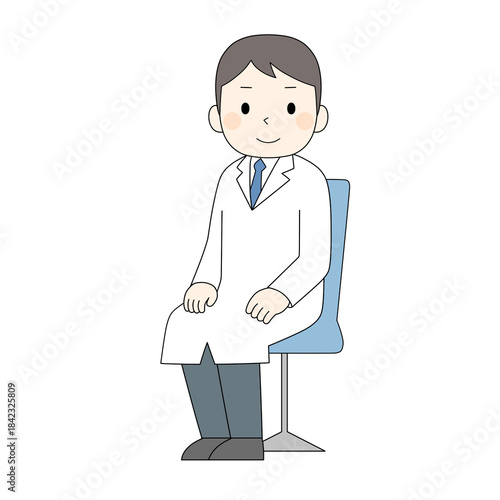 白衣を着た男性医師が椅子に座ってこちらを見ているイラスト（カラー）