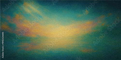 An abstract vintage grunge background features a bright watercolor gradient of blue and yellow clouds with a textured paper design and light sky patterns for a colorful artistic backdrop
