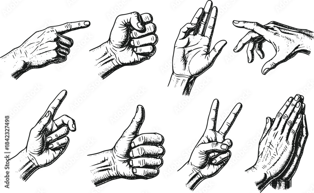Fototapeta premium Vintage sketch illustration of different hand gestures isolated on transparent background.
