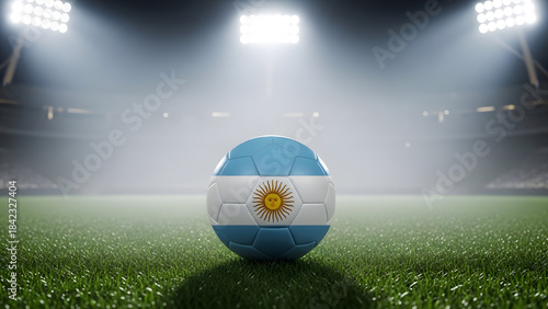 Argentina Flag Soccer Ball on Grass Field Under Bright Stadium Lights at Night