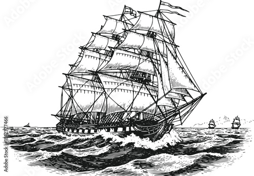 Vintage sailing ship illustration navigating rough ocean waves isolated on transparent background.
