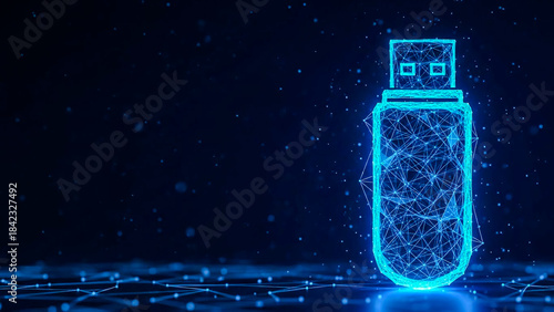 A futuristic, glowing blue wireframe representation of a USB flash drive stands on a surface of interconnected glowing lines and particles. The dark blue background, filled with floating bokeh