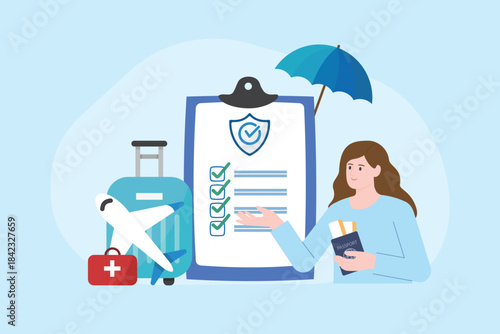 Woman present insurance policy vector illustration. Concepts Travel insurance, travel agent, insurance business, risk management, emergency planning, medicals support and abroad trip assurance.