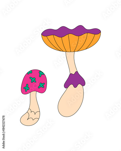 Groovy retro psychedelic cartoon mushroom with colorful pink cap stands as a fun groovy element. This fantasy shroom displays a trippy style in bold y2k colors, perfect for creative projects and