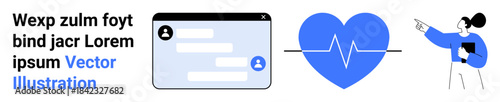 Healthcare communication, online messaging, telemedicine, digital wellness, virtual consultation, teamwork. Messaging window, heart with heartbeat woman pointing at data. Healthcare communication