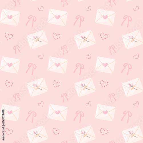 Cute seamless pattern background mail envelop and heart shape hand draw vector illustration. Pink pastel concepts Happy Valentine's day, Hello February, Fabric and surface print texture design.