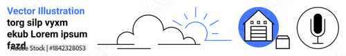 Cloud computing, logistics, warehouse storage, podcasting, communication, digital media. Minimalist icons sun behind clouds, warehouse with box microphone. Cloud computing and logistics concepts