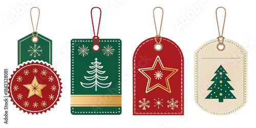 Christmas Price Tag and Label Pack Vector, Mixed Sticker and Badge Set in Red Green Gold, Flat Design