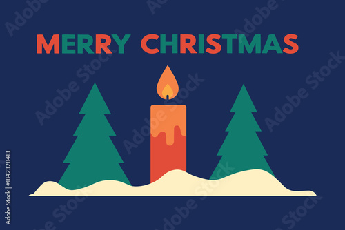 Merry Christmas Scene With Candles, Snow, And Pine Trees On A Dark Blue Background