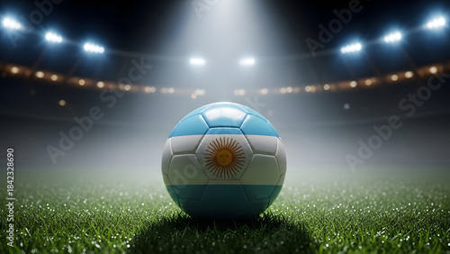 Argentina Flag Soccer Ball on Grass Field Under Bright Stadium Lights at Night