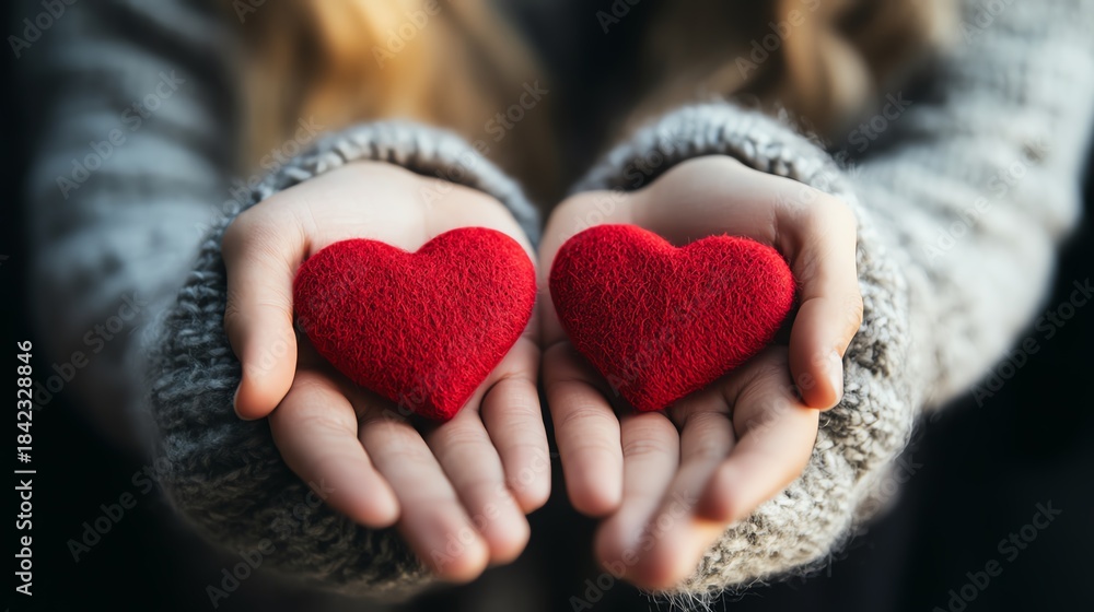 Fototapeta premium Hands holding two red hearts symbolizing love.
