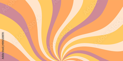 Groovy retro sun burst wave background with swirling orange and yellow sunshine shapes. Bold graphic style and y2k sun aesthetic create a vibrant horizontal abstract sun scene for creative projects.