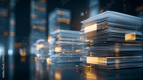Stack of digital document with glowing data nodes representing compliance policy records management and secure audit trail.