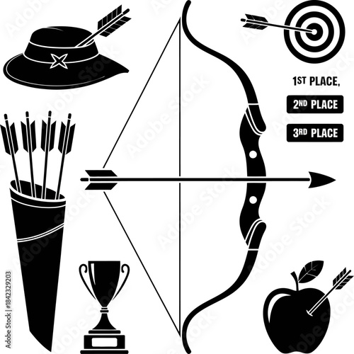 Archery equipment set featuring bows, arrows, targets, trophies, and symbols in a clean monochrome style.
