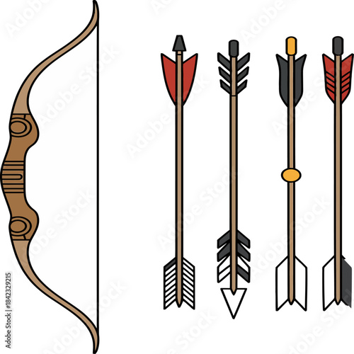 Colorful arrows and a wooden bow illustrated in a clean, stylized design emphasizing traditional archery elements.