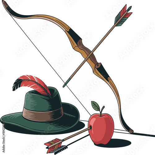 Traditional bow, arrows, feathered hat, and apple create a classic archery scene with vintage storytelling charm.