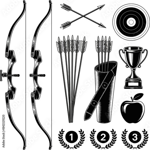 Archery equipment set featuring bows, arrows, targets, trophies, and symbols in a clean monochrome style.