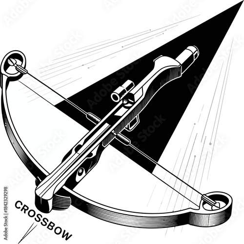 Detailed black-and-white illustration of a modern crossbow, emphasizing structure, tension cables, and sleek geometric design.
