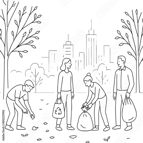 A group of people are picking up trash in a park. Scene is positive and encouraging, as it shows people working together to keep the environment clean
