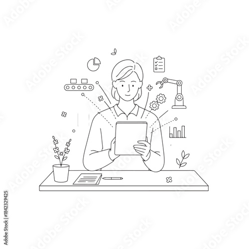 A woman is sitting at a desk with a tablet in front of her. The tablet is displaying a lot of information, including a clock, a plant, and a robot. The woman is focused on the tablet