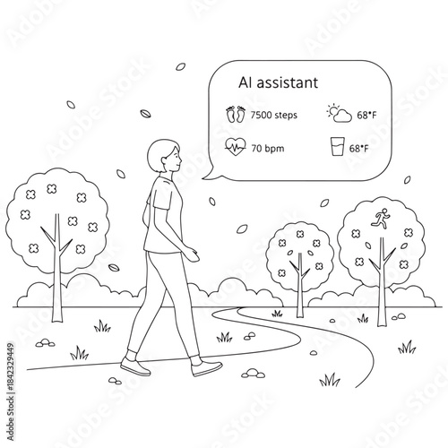 A woman is walking in a park with trees and a sign that says "AI Assistant". Concept of calm and relaxation, as the woman is taking a leisurely stroll in a natural setting