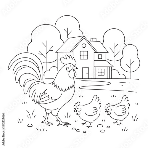 A rooster is standing in a field with two chickens. The scene is peaceful and calm. The house in the background is white and has a red door