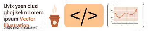Software development, data analysis, technology, coding, team productivity, business growth. Code symbol with coffee and line chart. Software development and data analysis concept
