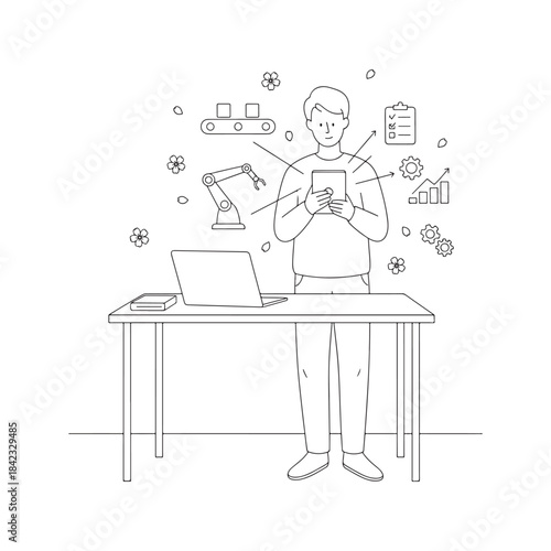A man is standing in front of a desk with a laptop and a tablet. He is looking at the tablet and he is focused on something. The desk is cluttered with various items, including a keyboard, a mouse