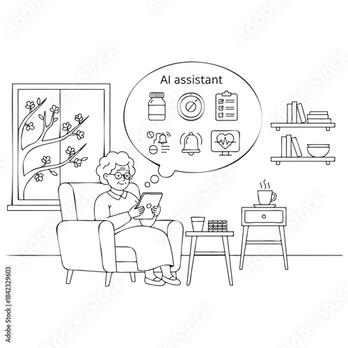 A woman is sitting in a chair and looking at a tablet. The tablet is displaying a message that says "AI Assistant". The woman is likely using the AI Assistant to help her with something