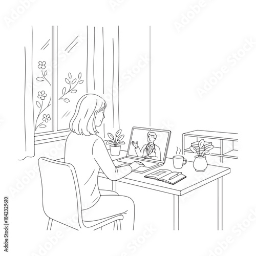 A woman is sitting at a desk with a laptop and a computer monitor. She is talking to someone on the computer