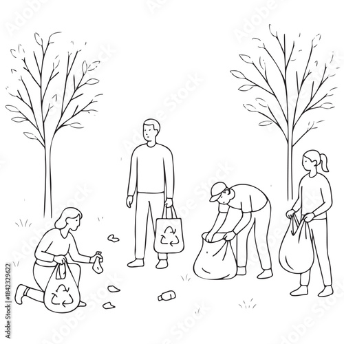 A group of people are picking up trash in a park. Scene is positive and encouraging, as it shows people working together to keep the environment clean