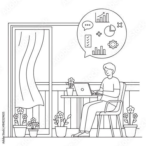 A man is sitting at a table with a laptop in front of him. He is working on a project and has a potted plant nearby. The scene is peaceful and quiet, with the man focused on his work