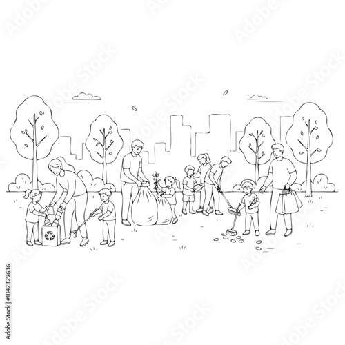 A group of people are picking up trash in a park. The scene is peaceful and shows people working together to keep the environment clean