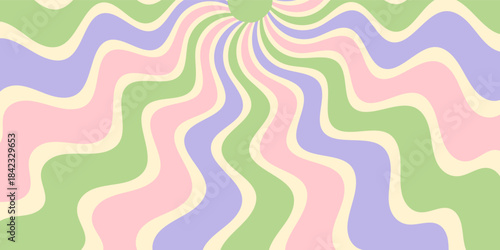 Groovy retro sun burst with wavy pastel shapes and 70s color. Abstract y2k burst looks like flat sunshine background with sun graphic rays. Horizontal orientation, vibrant visual for creative vintage