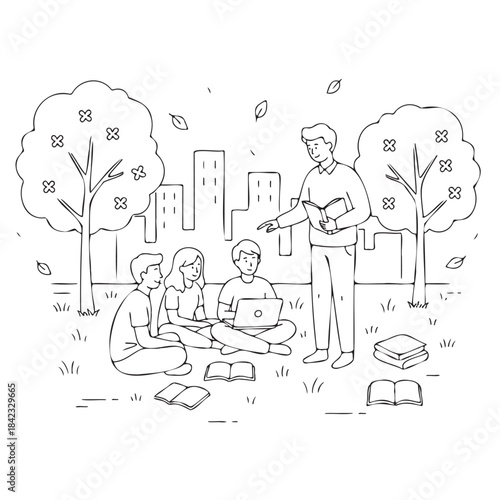 A group of people are sitting in a park, with a man pointing to a book. The scene is peaceful and relaxed, with the people enjoying each other's company and the outdoors