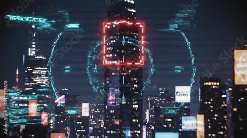 Wallpaper Mural Futuristic Cityscape with HUD Interface and Target Locking. Torontodigital.ca