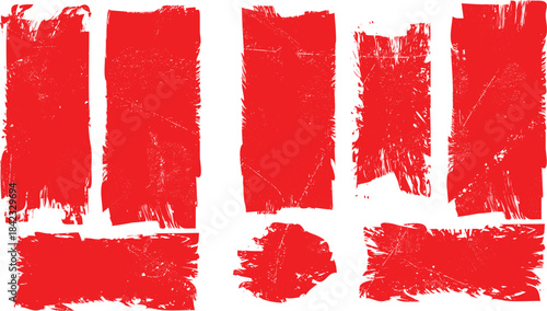 Red Stamp texture grunge set. Rolled ink texture. Organic overlay highlight . Vector grainy letterpress texture .Screen print texture.