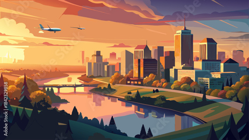 Very beautiful drone view of Richmond skyline glowing under warm sunset light, with the river reflecting soft colors and modern buildings creating a balanced and serene urban composition.
