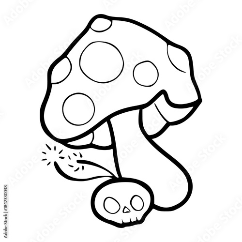 magic mushroom with bomb fuse and skull outline